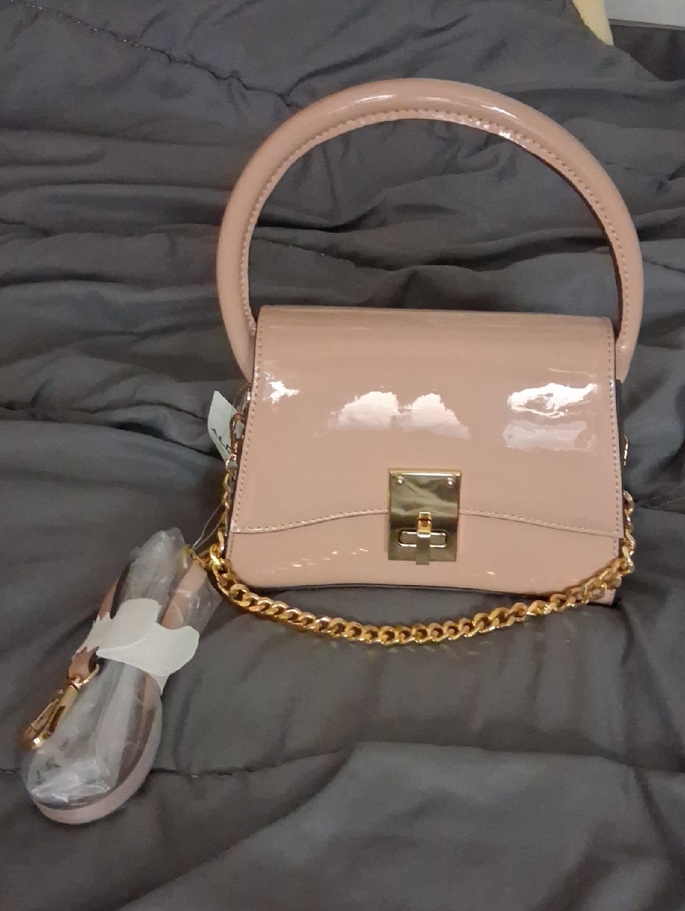 Aldo Blush Pink Patent Mini Top-Handle Bag with Gold Chain